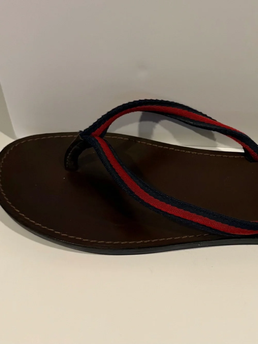 Gucci Brown Leather Flip Flops with Red & Blue Straps